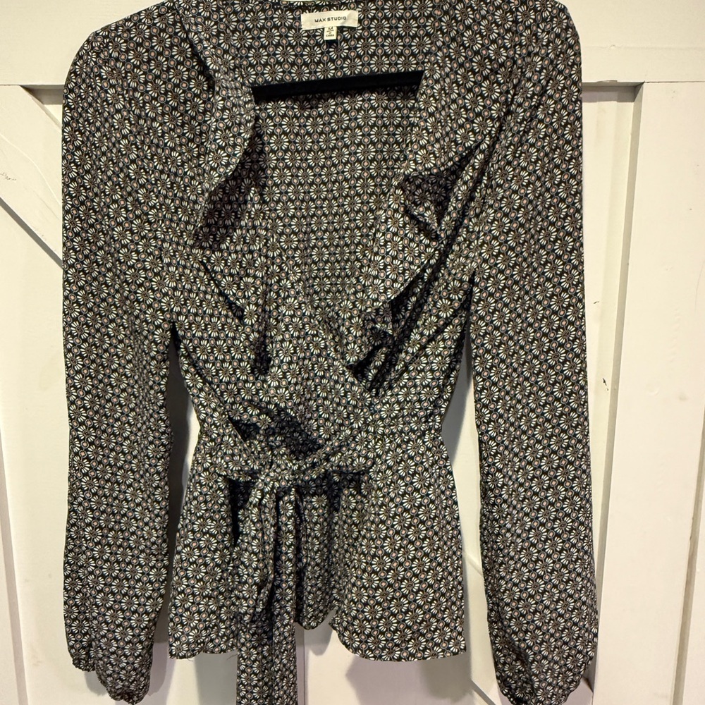 Max Studio Floral Wrap Blouse | Long Sleeve Tie Waist Top